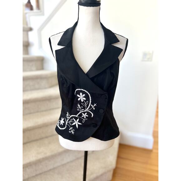 Vintage Y2K Cache Black White Floral Embroidered Beaded Halter Tuxedo Vest - Picture 1 of 7